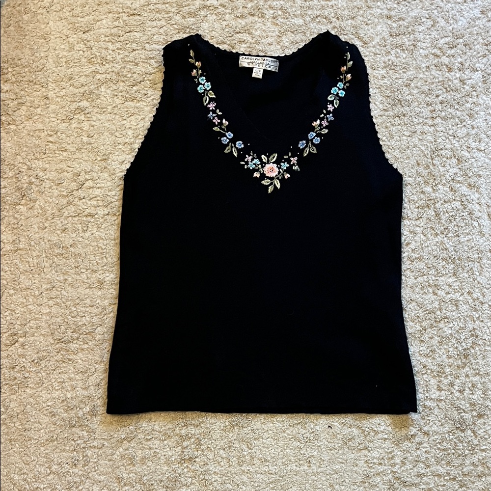 Carolyn Taylor Black Floral Embroidered Tank Top